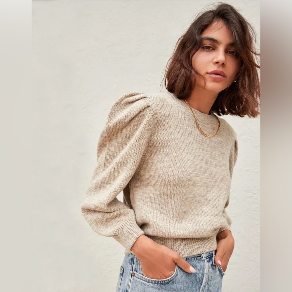 Loeffler Randall Cream Puff-Sleeve Crewneck Sweater